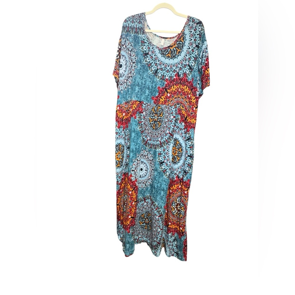 Bohemian Mandala Blue and Red Short Sleeve Maxi‎ Dress with Pockets size 5X